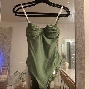 Chic Olive One-Piece Swimsuit with Removable Pearl Straps